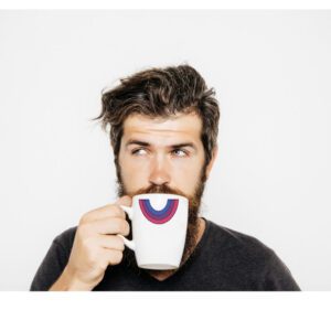 Man sipping coffee showing support for LGBTQ+