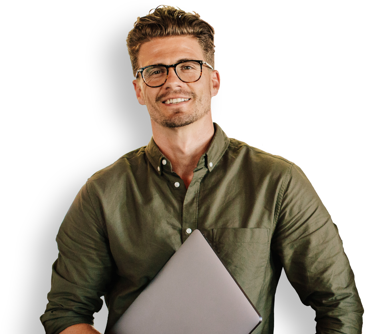 A man holding a laptop informing about Free Guide for Men's Therapy