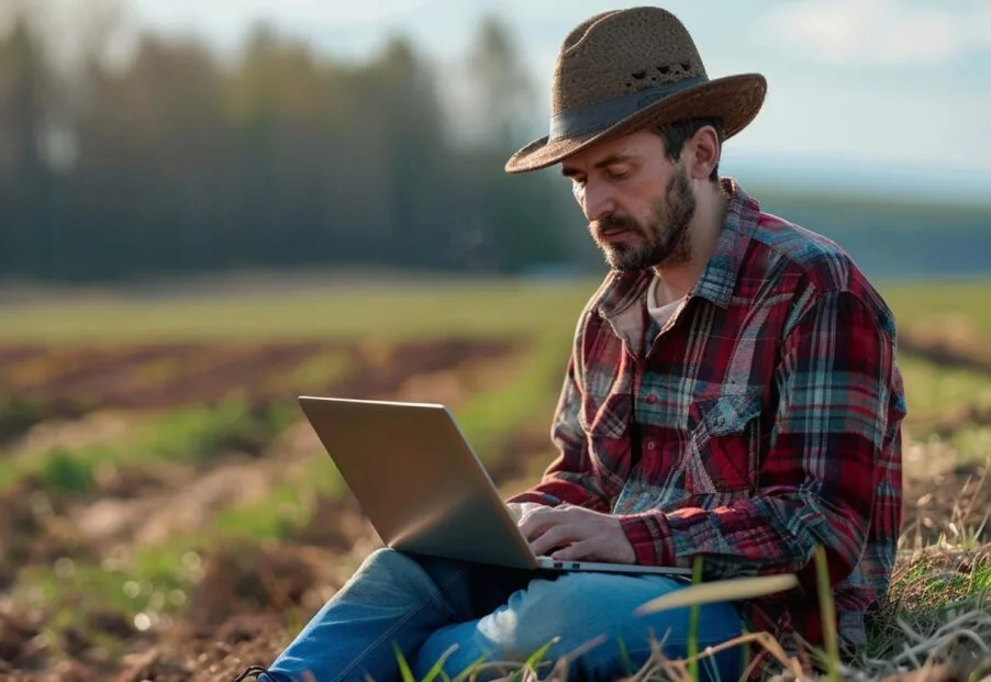 Man sitting in a crop field attending online therapy session in Colorado.