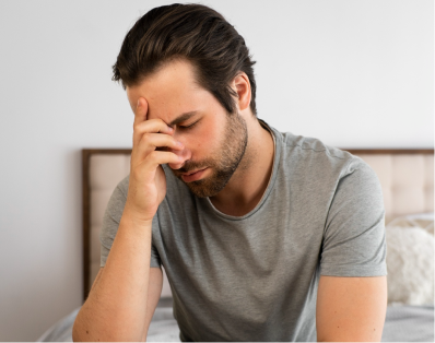 A man looking upset resting his face on his hand indicating a need for counseling in Denver.