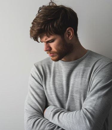 A man looking worried & considering addiction recovery therapist