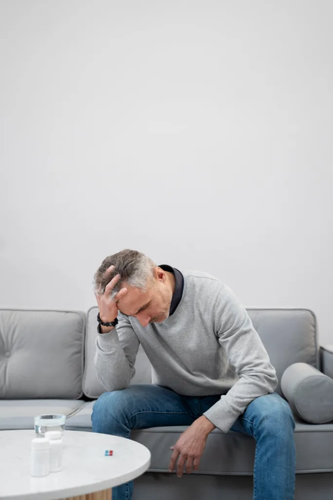 A man is seated on a couch, with his head in his hand, reflecting feelings of sadness or overwhelming thoughts.