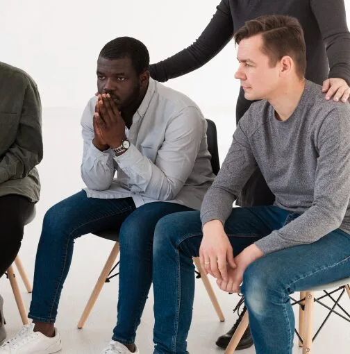 Men from diverse backgrounds engaging in a group therapy session in Denver.