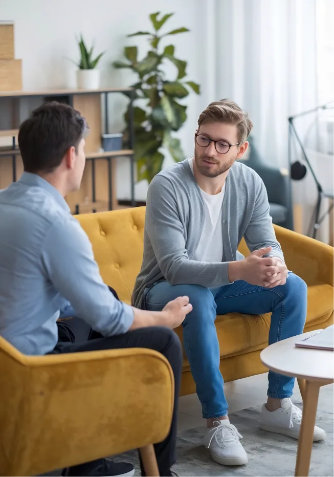 Man engaging in conversation with therapist during men's therapy session in Denver