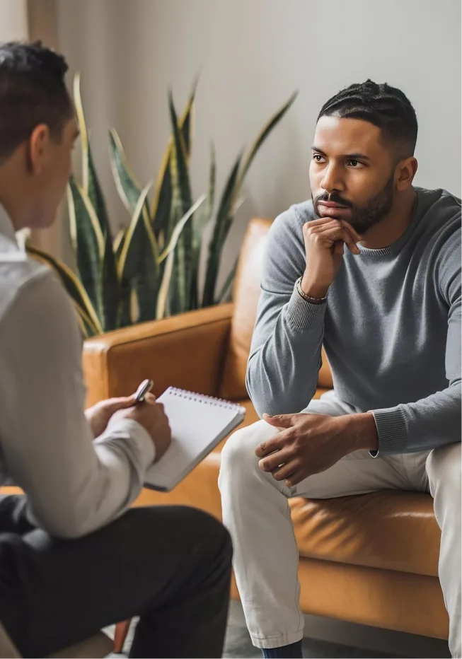 Man discussing personal concerns with a therapist during Denver therapy session