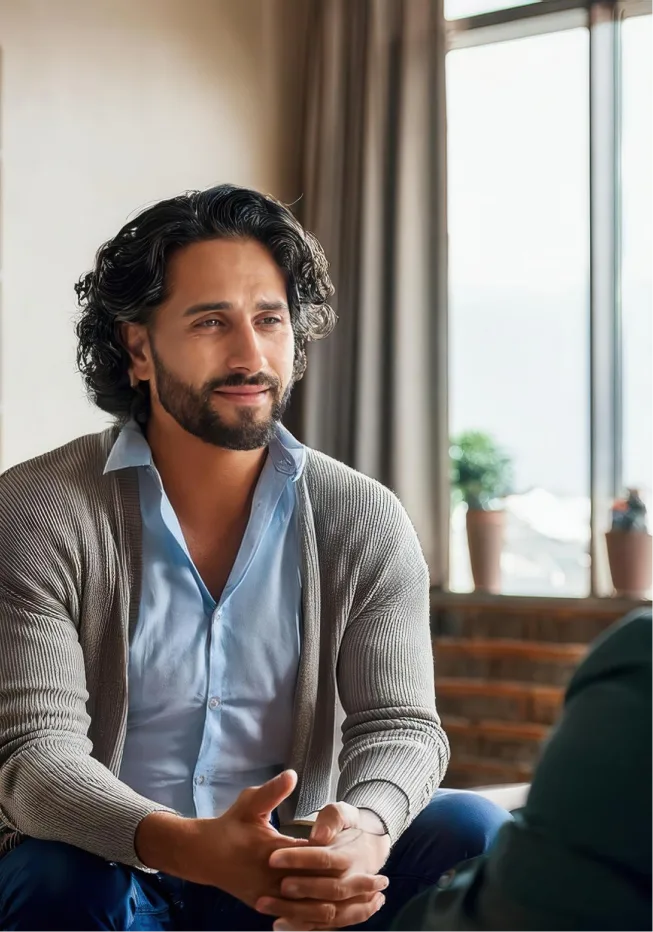 Smiling man attentively listening during a tailored therapy session at Denver Men's Therapy