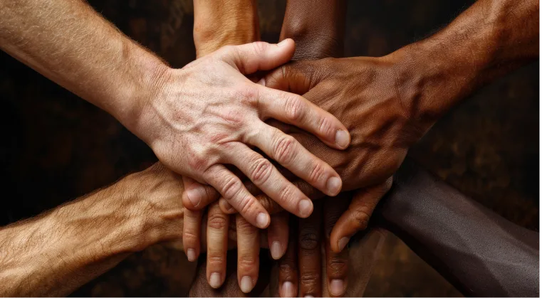 Group therapy members placing their hands together, symbolizing unity and support.