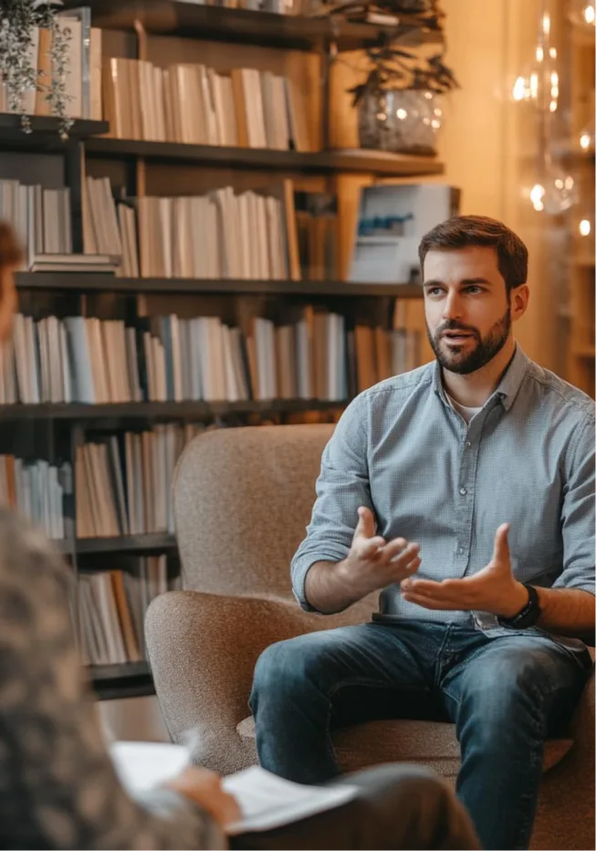 Man engages in stress counseling Denver session, discussing concerns with an attentive therapist