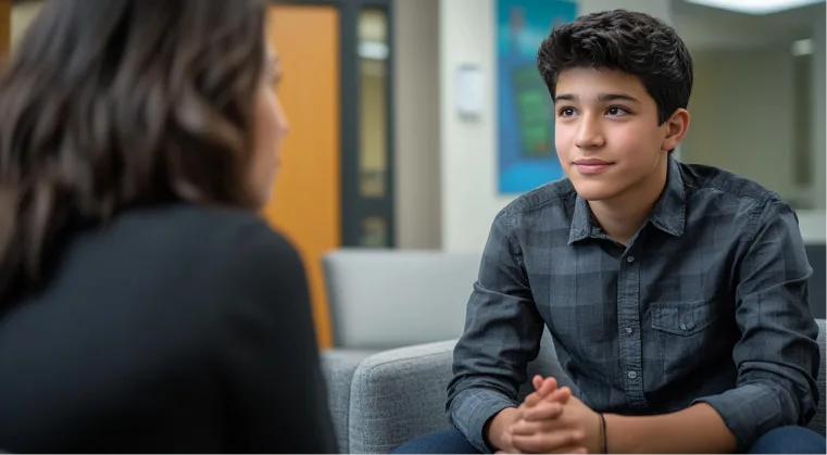 A young individual looking expectantly at his therapist during an adolescent therapy session in Denver.