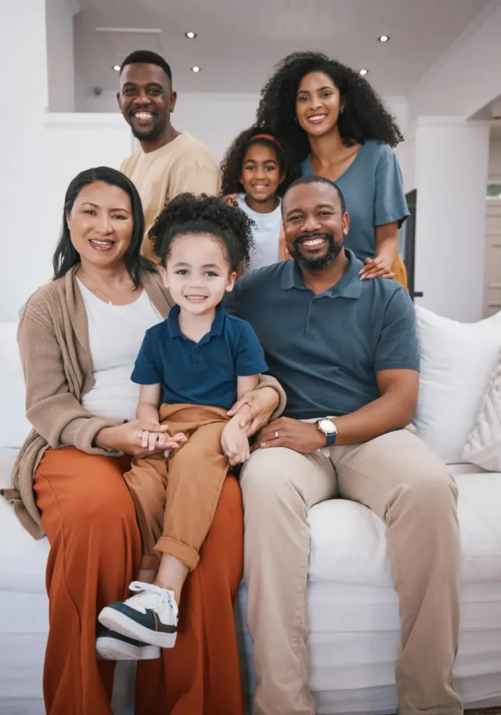 a family posing cheerfully for a photo showing positive impact after religious trauma counseling in Denver