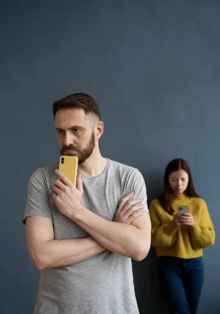 Man & woman focused on separate phones, showing relationship strain, distrust, and emotional separation