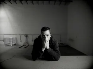 Man sitting alone in a warehouse, hands covering face, illustrating emotional struggle with different types of PTSD