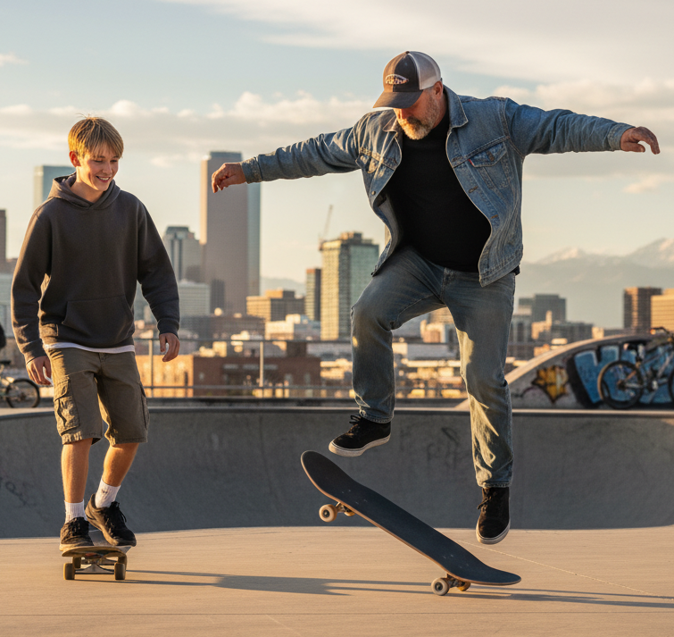 Father practices a skateboard trick beside his smiling teenage son at a Denver skatepark, city skyline and mountains in the background.