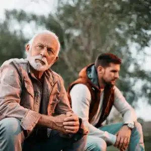 Father-son sitting outdoors reflecting on their relationship